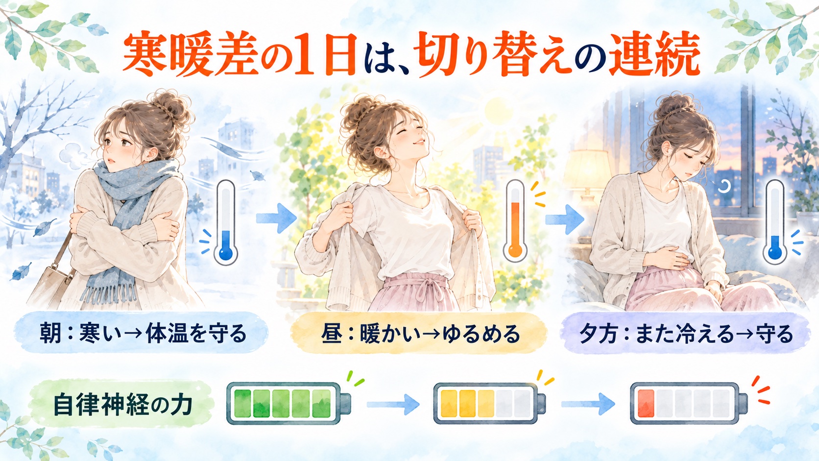 寒暖差の1日。朝は寒くて体温を守り、昼は暖かくてゆるめ、夕方にまた冷えて守る。切り替えのたびに自律神経の力が減っていく図