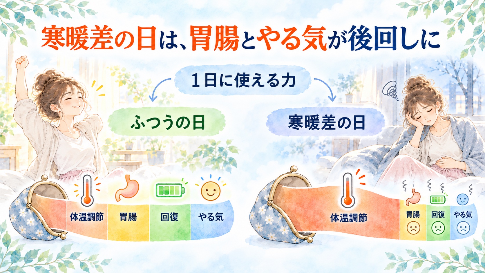 ふつうの日は体温調節・胃腸・回復・やる気に力がバランスよく配分されるが、寒暖差の日は体温調節が大部分を占め、胃腸・回復・やる気が後回しになる図